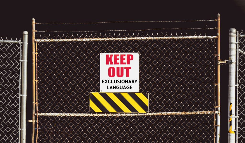 Wire-mesh-fence-with-sign-saying-Keep-out-exclusionary-language