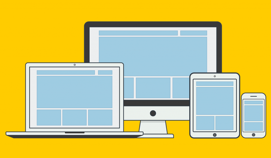 Illustration of responsive web design with a line up of a laptop, desktop, tablet and smartphone