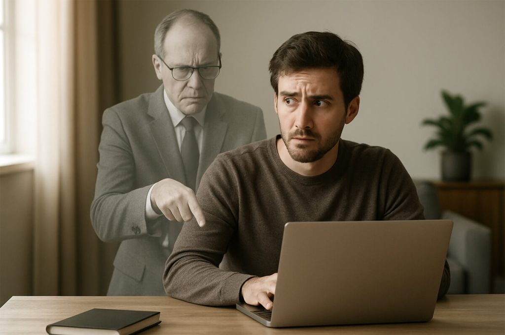 Young-male-freelance-copywriter-looking-uneasy-with-a-ghosted-micromanager-lloking-over-his-shoulder