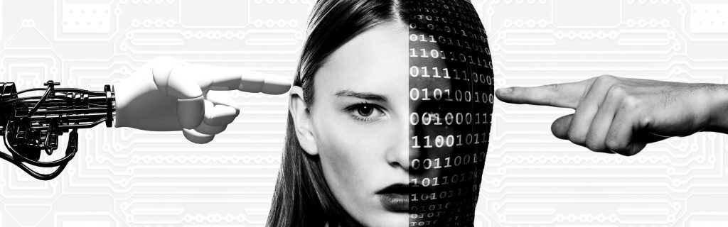 Half-woman’s-face-half-binary-code-with-robot-and-human-hands-pointing