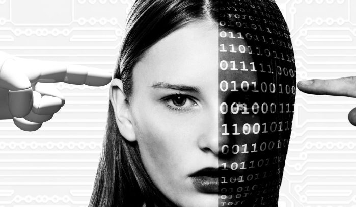 Half-woman’s-face-half-binary-code-with-robot-and-human-hands-pointing