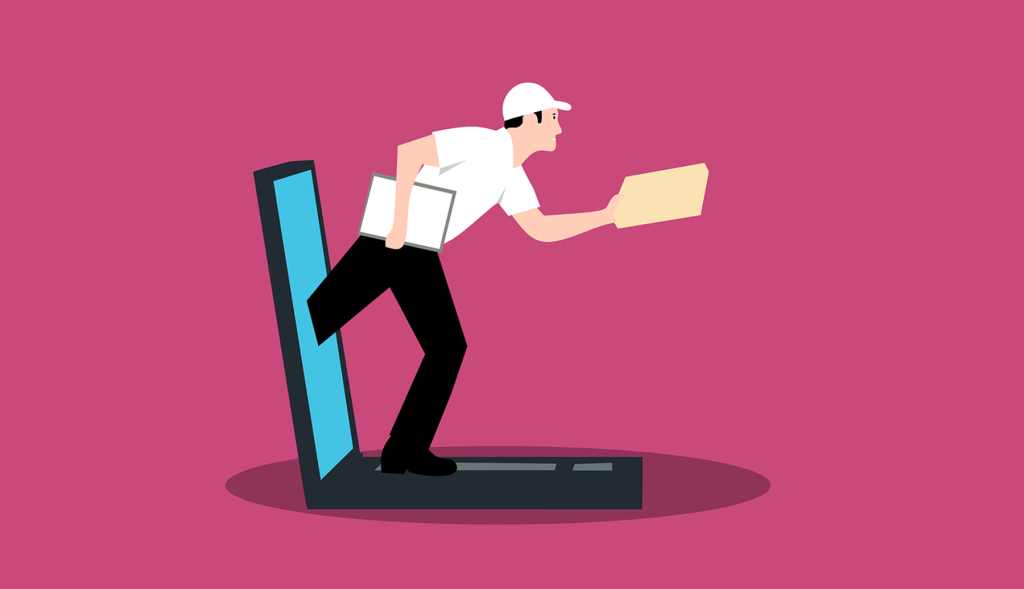 Cartoon-man-emerging-from-a-laptop-screen-holding-a-file