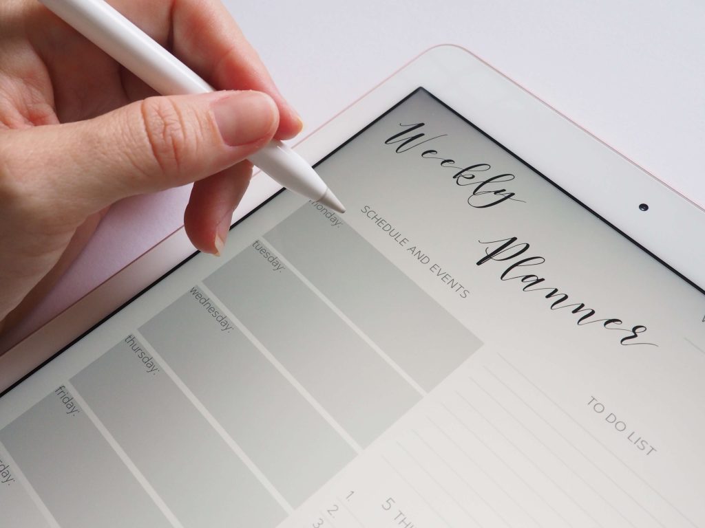 Weekly planner on a tablet screen