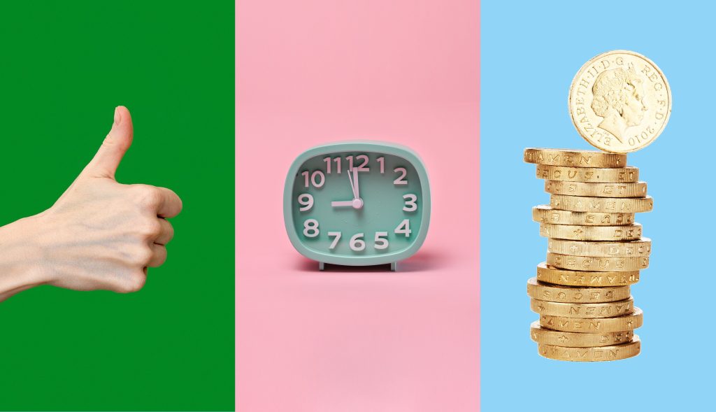 Thumbs-up-retro-turquoise-clock-stack-of-£1-coins