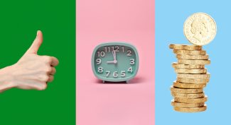 Thumbs-up-retro-turquoise-clock-stack-of-£1-coins