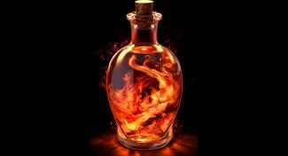 Corked-bottle-containing-magic-fire-potion-on-black-background