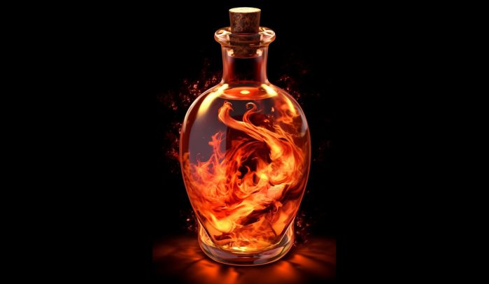 Corked-bottle-containing-magic-fire-potion-on-black-background