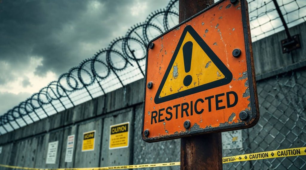 Restricted-area-sign-with-barbed-wire-fence-in-the-background