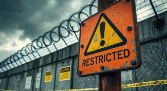 Restricted-area-sign-with-barbed-wire-fence-in-the-background