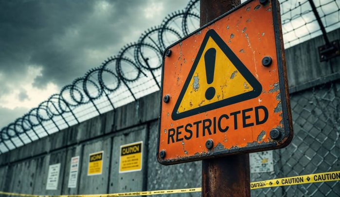 Restricted-area-sign-with-barbed-wire-fence-in-the-background