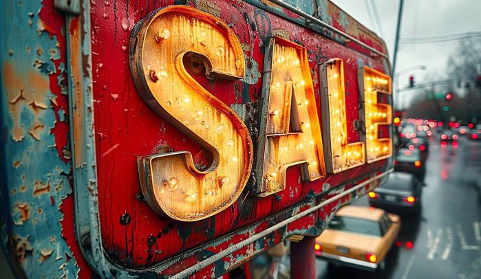 Rusty-sale-sign-with-red-background-and-gold-illuminated-letters