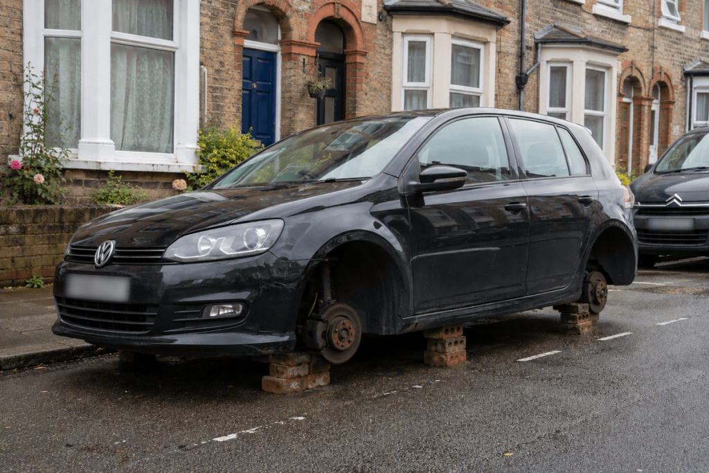 Black-VW-parked-on-British-street-propped-up-on-bricks-as-wheels-have-been-stolen